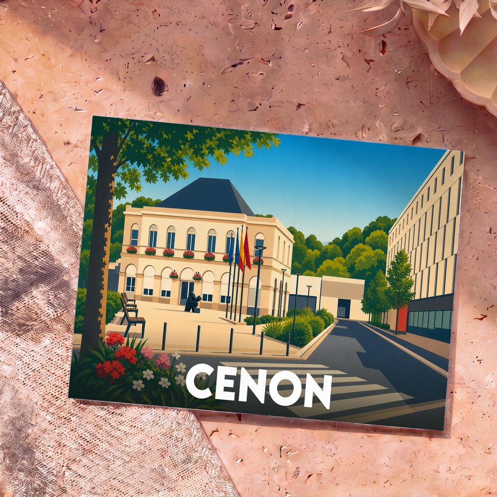 Carte postale souvenir de la ville de Cenon arborant une illustration stylisée de son hôtel de ville.