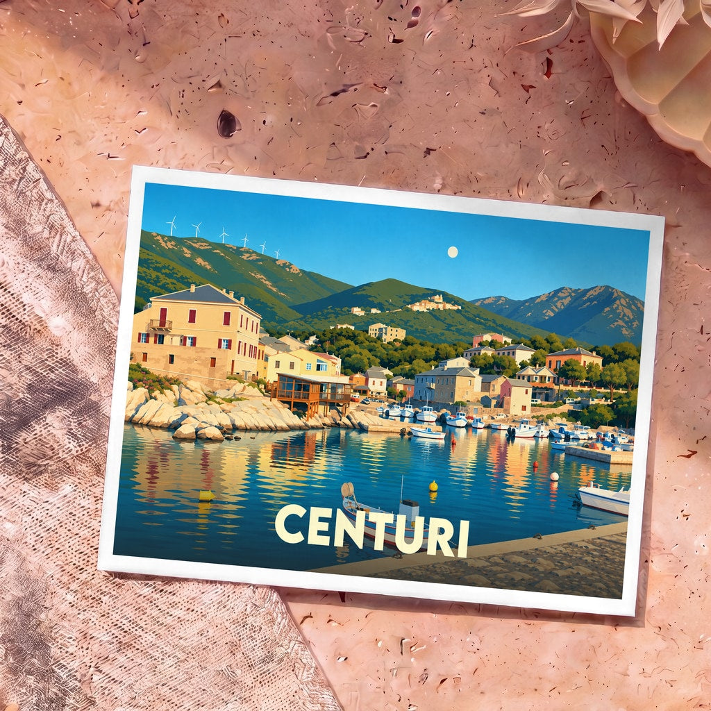 Carte postale souvenir de la ville de Centuri avec une illustration stylisée de son port et de ses montagnes.