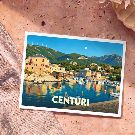 Carte postale souvenir de la ville de Centuri avec une illustration stylisée de son port et de ses montagnes.