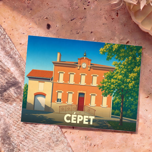 Carte postale souvenir de la ville de Cépet illustrant sa mairie dans un style graphique épuré.