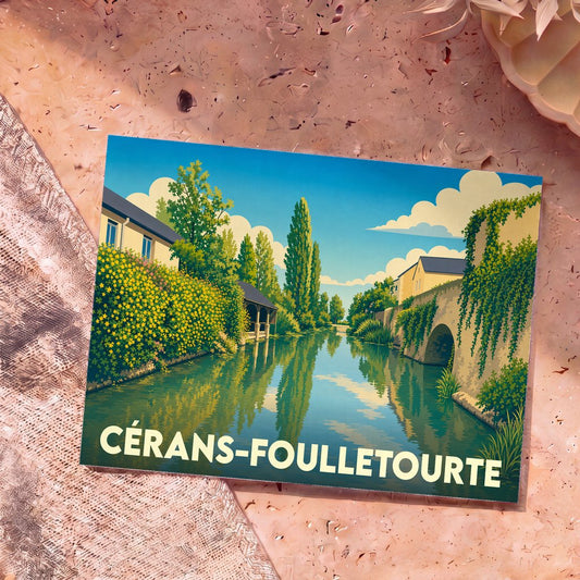 Carte postale souvenir de Cérans-Foulletourte avec une illustration stylisée d'un canal bordé de verdure.