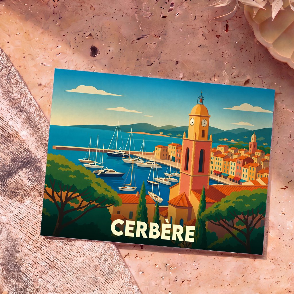 Carte postale souvenir de la ville de Cerbère avec une illustration stylisée d'un port méditerranéen.