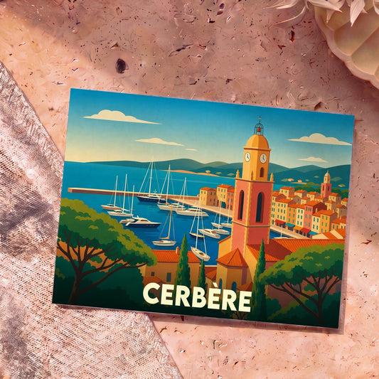 Carte postale souvenir de la ville de Cerbère avec une illustration stylisée d'un port méditerranéen.
