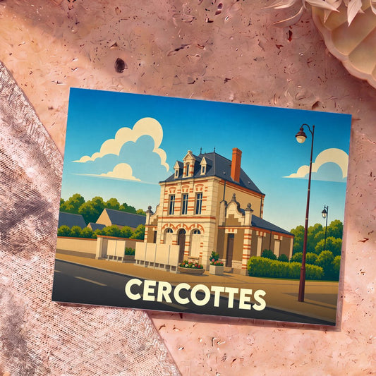 Carte postale souvenir de la ville de Cercottes avec une illustration stylisée de sa mairie.