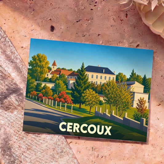 Carte postale souvenir de la ville de Cercoux illustrant un paysage de village coloré dans un style graphique épuré.