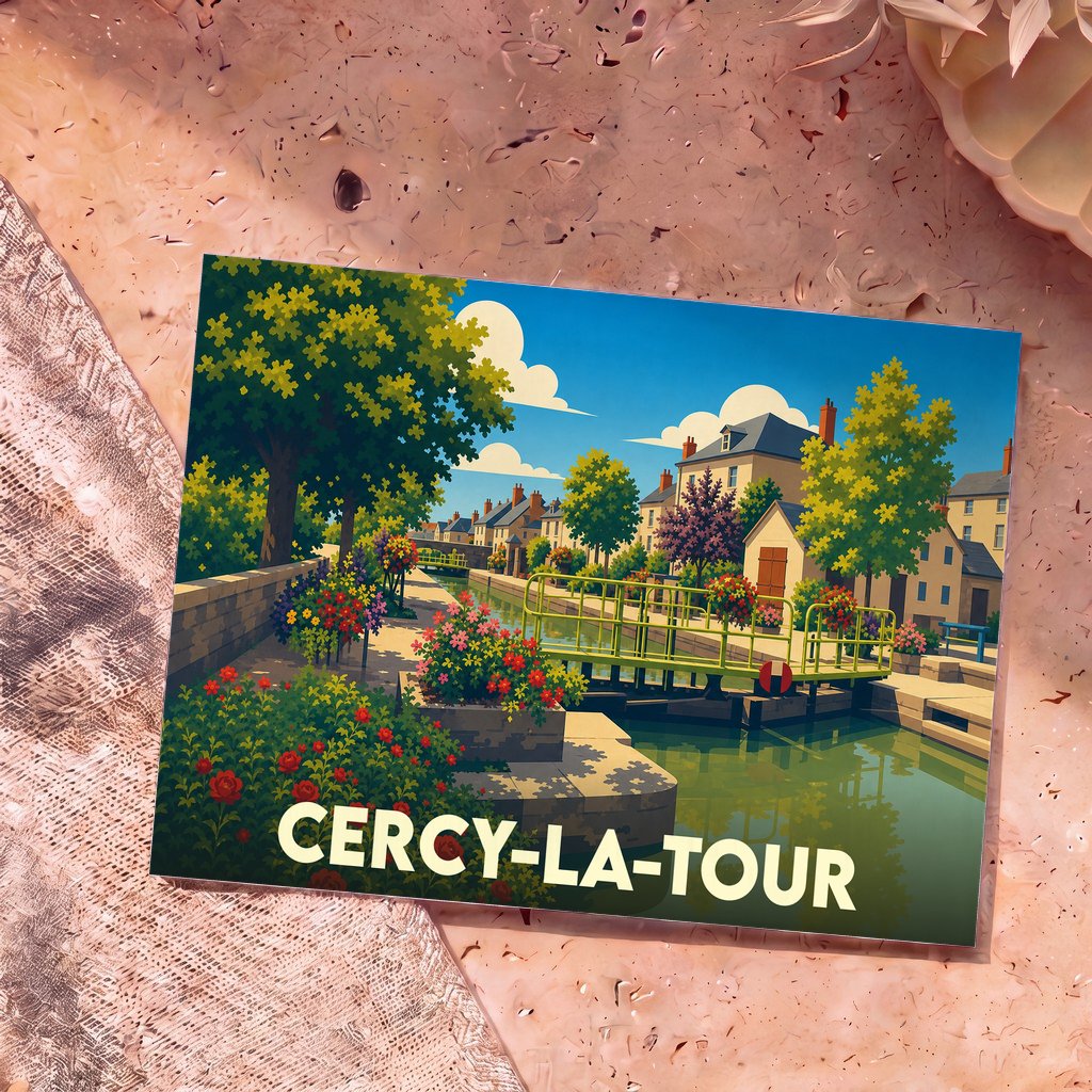 Carte postale souvenir de la ville de Cercy-la-Tour avec une illustration stylisée de son canal fleuri.