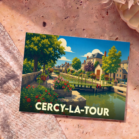 Carte postale souvenir de la ville de Cercy-la-Tour avec une illustration stylisée de son canal fleuri.