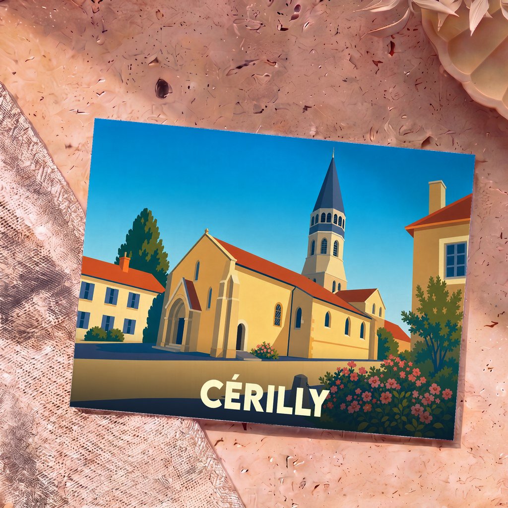 Carte postale souvenir de la ville de Cérilly avec une illustration stylisée de son église sous un ciel bleu.