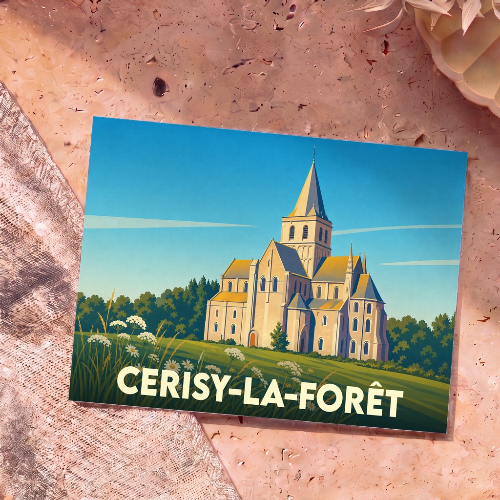 Carte postale souvenir de Cerisy-la-Forêt illustrant son abbaye avec un style graphique épuré.