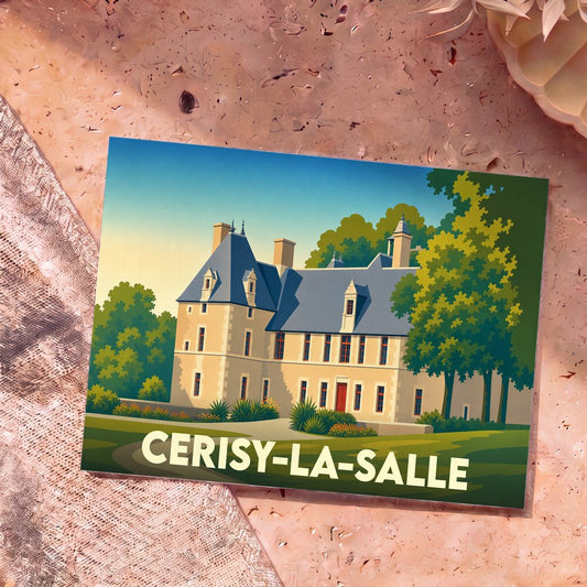 Carte postale souvenir de la ville de Cerisy-la-Salle avec une illustration stylisée de son château.