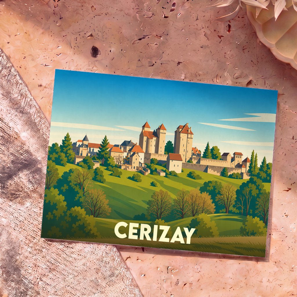Carte postale souvenir de la ville de Cerizay avec une illustration stylisée de son patrimoine architectural et paysager.