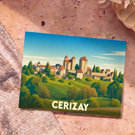 Carte postale souvenir de la ville de Cerizay avec une illustration stylisée de son patrimoine architectural et paysager.