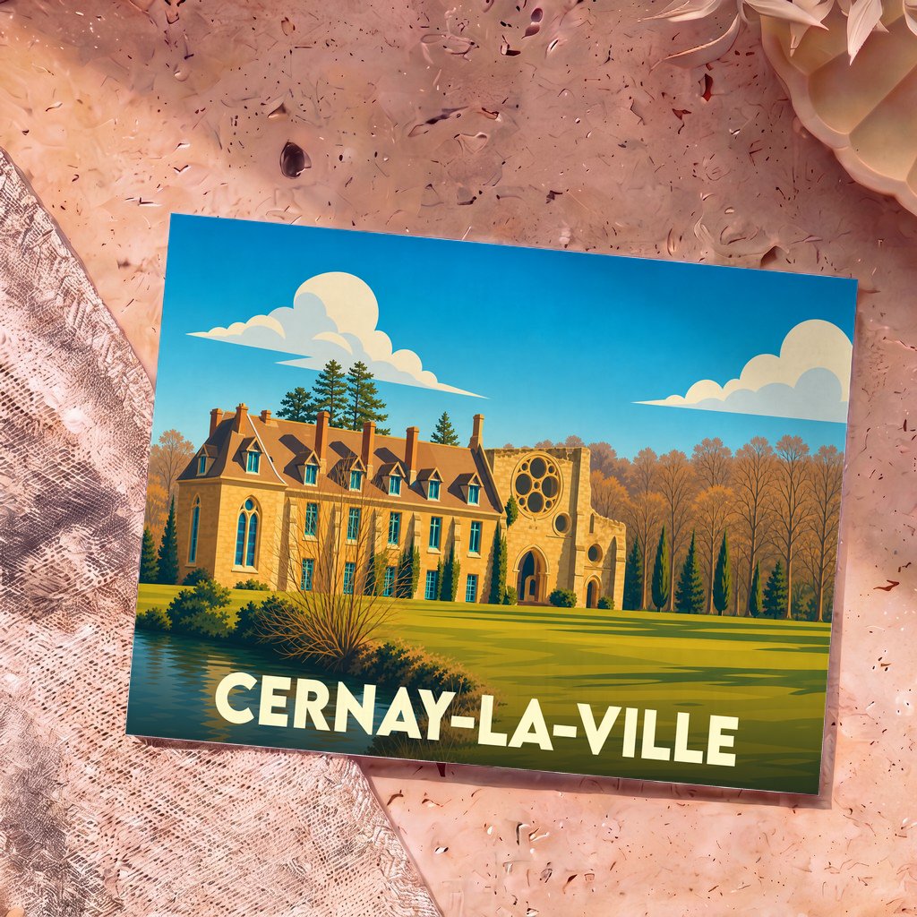 Carte postale souvenir de la ville de Cernay-la-Ville avec une illustration stylisée de son abbaye.