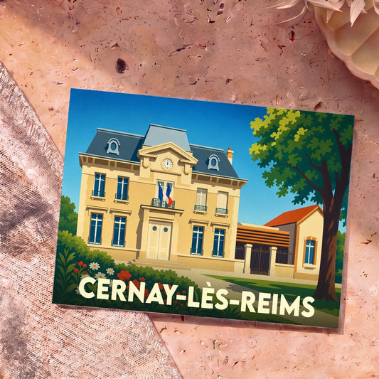 Carte postale souvenir de Cernay-lès-Reims illustrant sa mairie dans un style graphique et coloré.