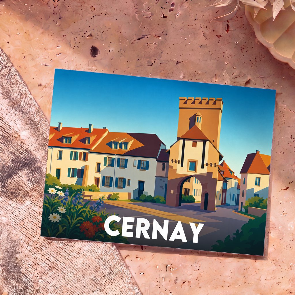Carte postale souvenir de la ville de Cernay avec une illustration stylisée de son architecture historique.