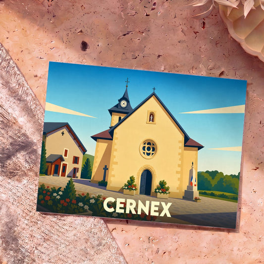 Carte postale souvenir de la ville de Cernex avec une illustration stylisée de son église.