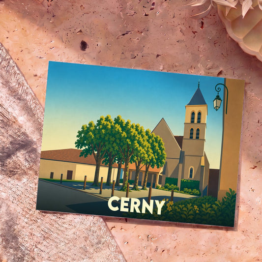 Carte postale souvenir de la ville de Cerny avec une illustration stylisée de son église et de sa place.