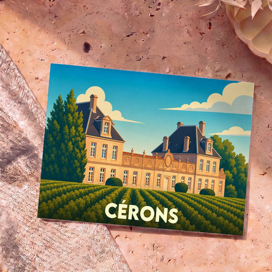 Carte postale souvenir de la ville de Cérons illustrant son château et ses vignobles dans un style graphique épuré.