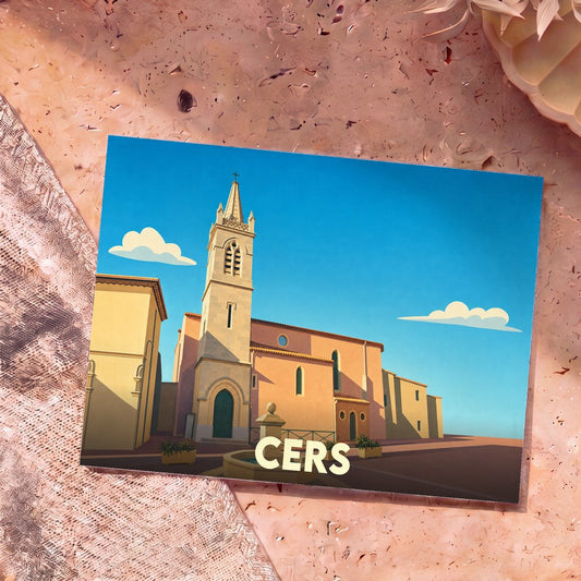 Carte postale souvenir de la ville de Cers avec une illustration stylisée de son église sous un ciel bleu.