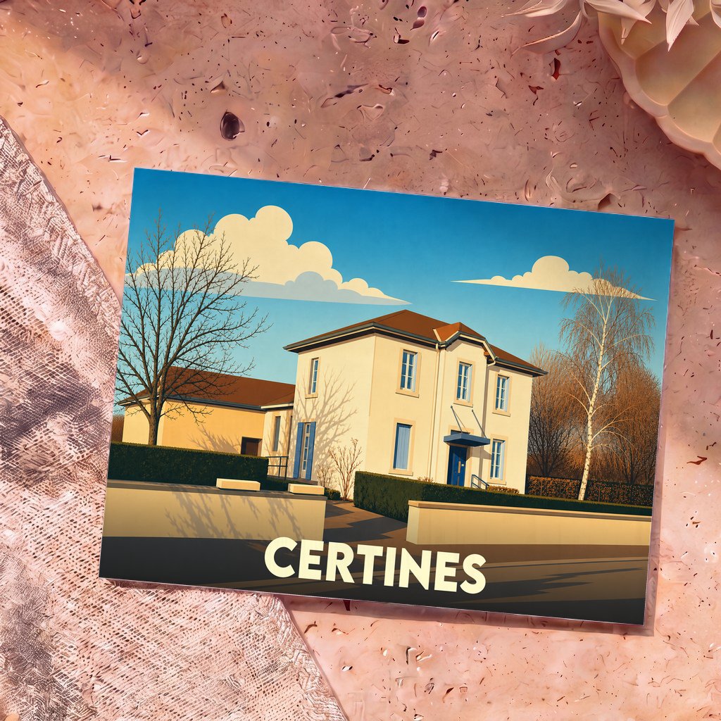 Carte postale souvenir de la ville de Certines avec une illustration stylisée de sa mairie.