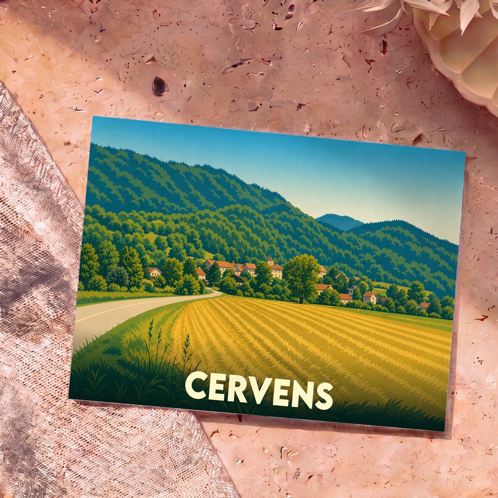 Carte postale souvenir de la ville de Cervens avec une illustration stylisée de ses paysages vallonnés et ses champs.