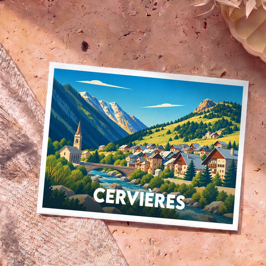 Carte postale souvenir de la ville de Cervières avec une illustration stylisée de ses montagnes et de son village.