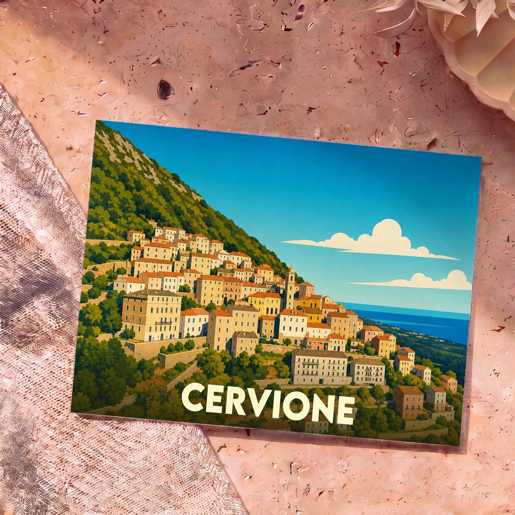 Carte postale souvenir de la ville de Cervione avec une illustration stylisée d'un village corse à flanc de montagne.