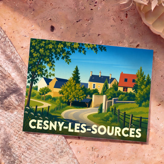 Carte postale souvenir de la ville de Cesny-les-Sources avec une illustration stylisée et colorée d'un village normand.