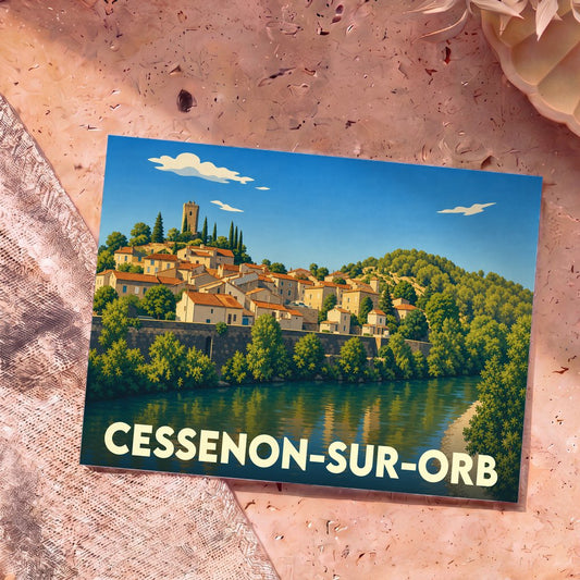 Carte postale souvenir de la ville de Cessenon-sur-Orb avec une illustration stylisée.