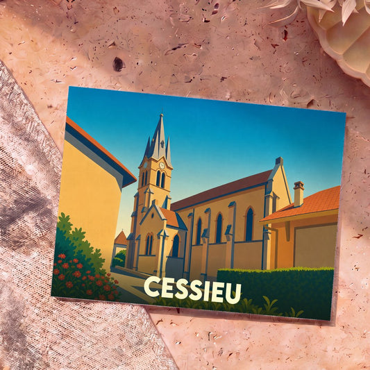 Carte postale souvenir de la ville de Cessieu avec une illustration stylisée de son église sous un ciel bleu.
