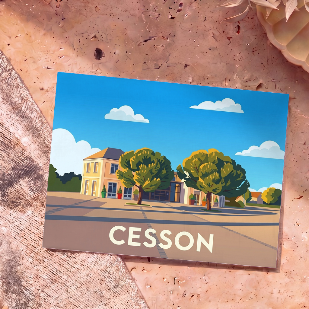 Carte postale souvenir de la ville de Cesson avec une illustration stylisée et colorée.