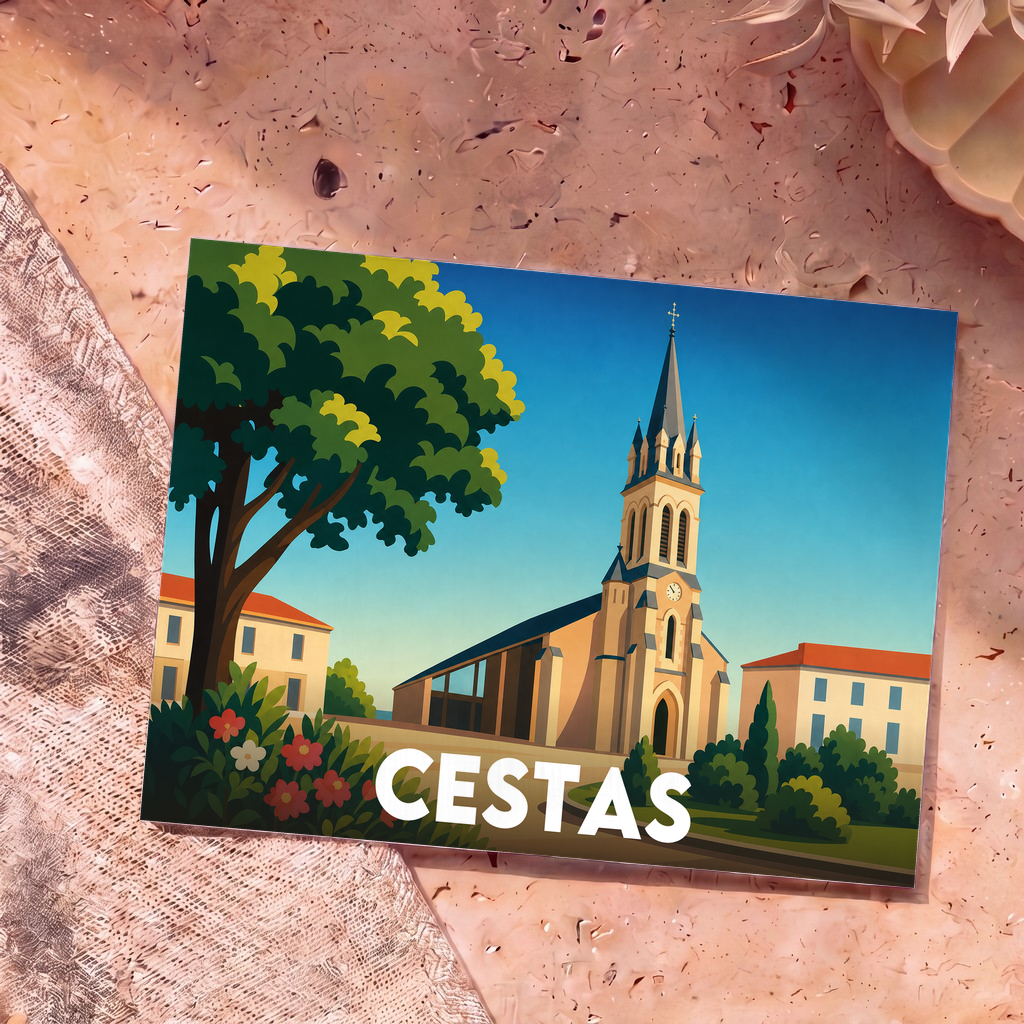 Carte postale souvenir de la ville de Cestas avec une illustration stylisée de son église sous un ciel bleu.