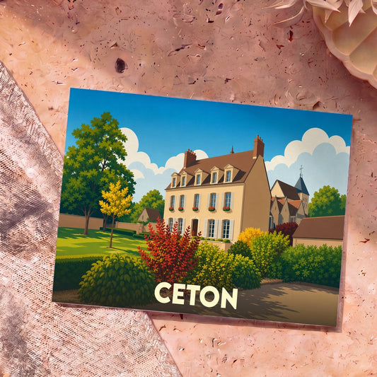 Carte postale souvenir de la ville de Ceton arborant une illustration stylisée d'une demeure traditionnelle et de son jardin fleuri.