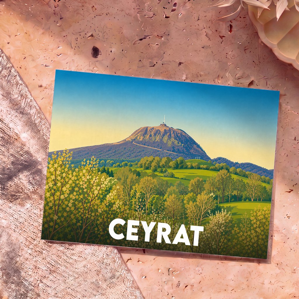 Carte postale souvenir de la ville de Ceyrat illustrant le Puy de Dôme dans un style rétro.