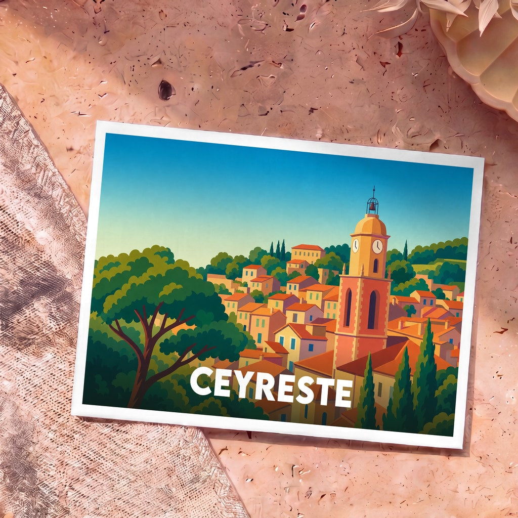 Carte postale souvenir de la ville de Ceyreste avec une illustration stylisée d'un village provençal et son clocher.