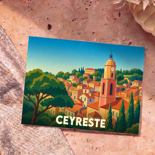 Carte postale souvenir de la ville de Ceyreste avec une illustration stylisée d'un village provençal et son clocher.
