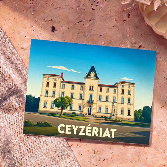 Carte postale souvenir de la ville de Ceyzériat avec une illustration stylisée de son hôtel de ville.