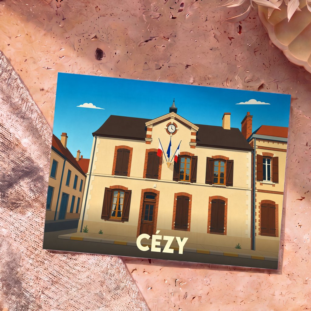 Carte postale souvenir de la ville de Cézy représentant son hôtel de ville dans un style illustré.