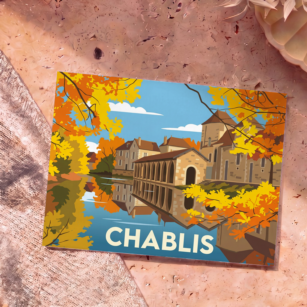 Carte postale souvenir de la ville de Chablis illustrant son paysage historique et ses reflets sur l'eau dans un style rétro.