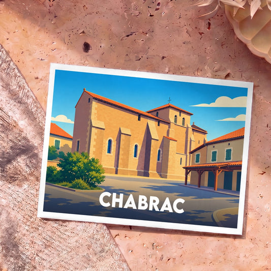 Carte postale souvenir de la ville de Chabrac avec une illustration stylisée de son église et de ses bâtiments en pierre sous un ciel bleu.