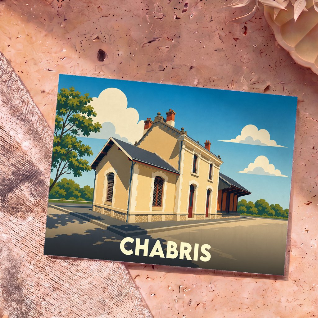 Carte postale souvenir de la ville de Chabris avec une illustration stylisée de sa gare.