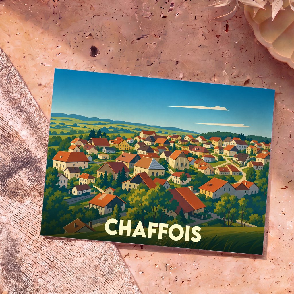 Carte postale souvenir de la ville de Chaffois illustrant un panorama de village coloré dans un style graphique.