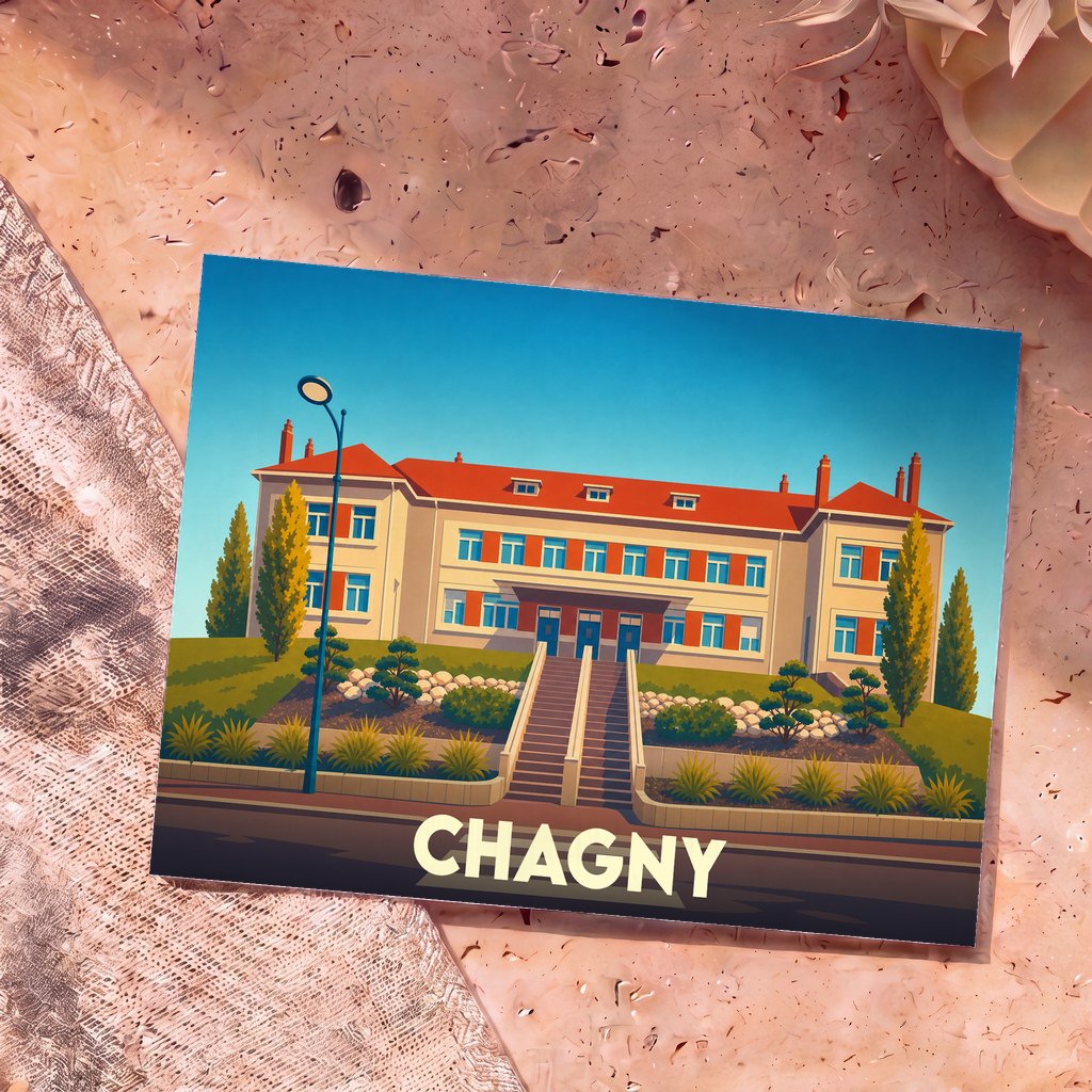 Carte postale souvenir de la ville de Chagny avec une illustration stylisée de son école.