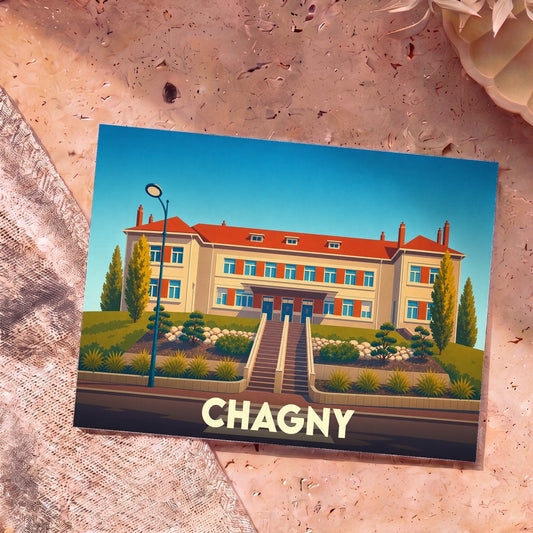 Carte postale souvenir de la ville de Chagny avec une illustration stylisée de son école.