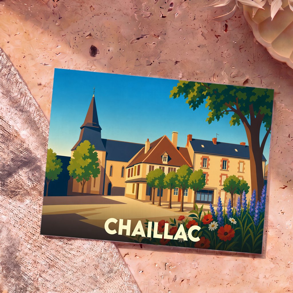 Carte postale souvenir de la ville de Chaillac avec une illustration colorée et stylisée de son église et de ses maisons.