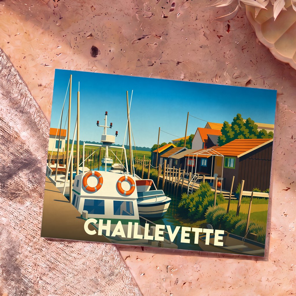 Carte postale souvenir de la ville de Chaillevette avec une illustration stylisée d'un port ostréicole.