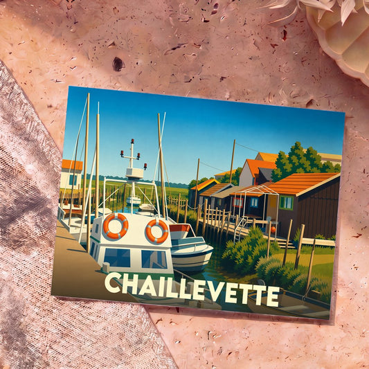 Carte postale souvenir de la ville de Chaillevette avec une illustration stylisée d'un port ostréicole.