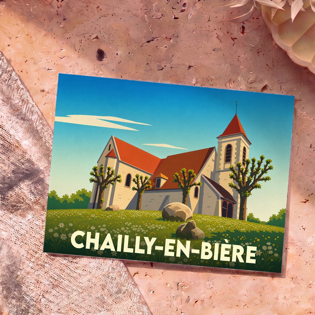 Carte postale souvenir de Chailly-en-Bière illustrant son église dans un style graphique épuré.