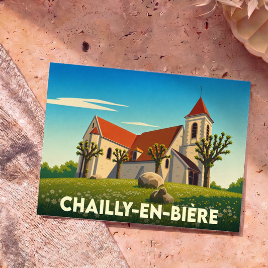 Carte postale souvenir de Chailly-en-Bière illustrant son église dans un style graphique épuré.