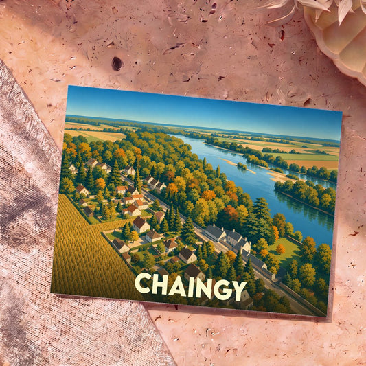 Carte postale souvenir de la ville de Chaingy présentant une illustration stylisée d'un village en bord de Loire.